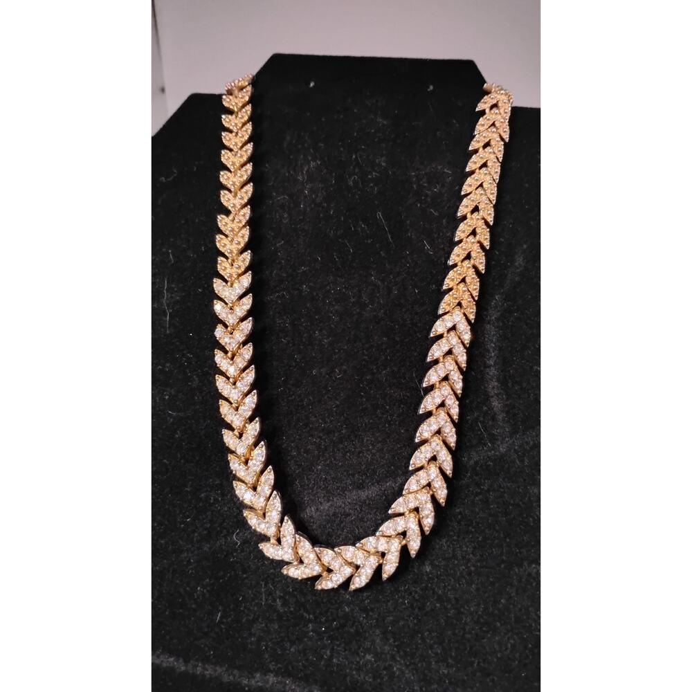 Vintage Gold Tone Rhinestone Chevron Link Necklace Two-Tone Look 18"